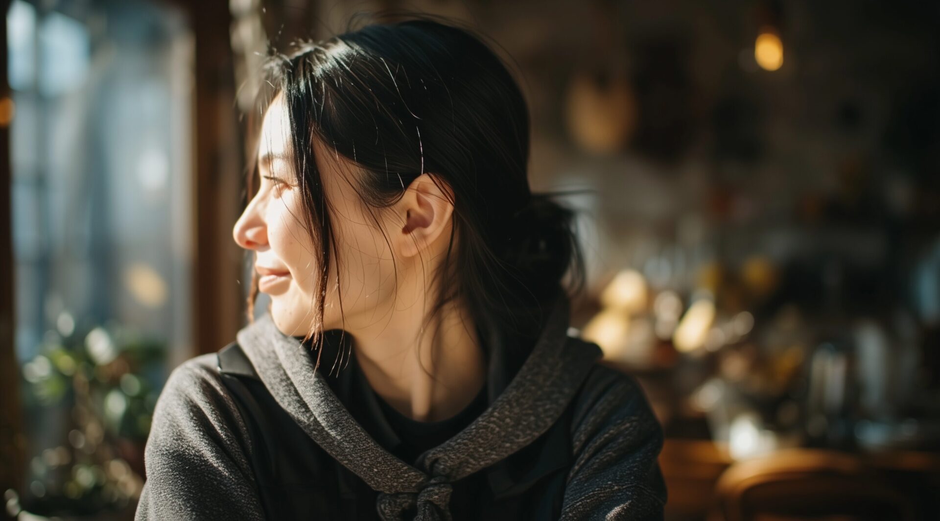 カフェから窓の外を見つめる裕子さんの画像