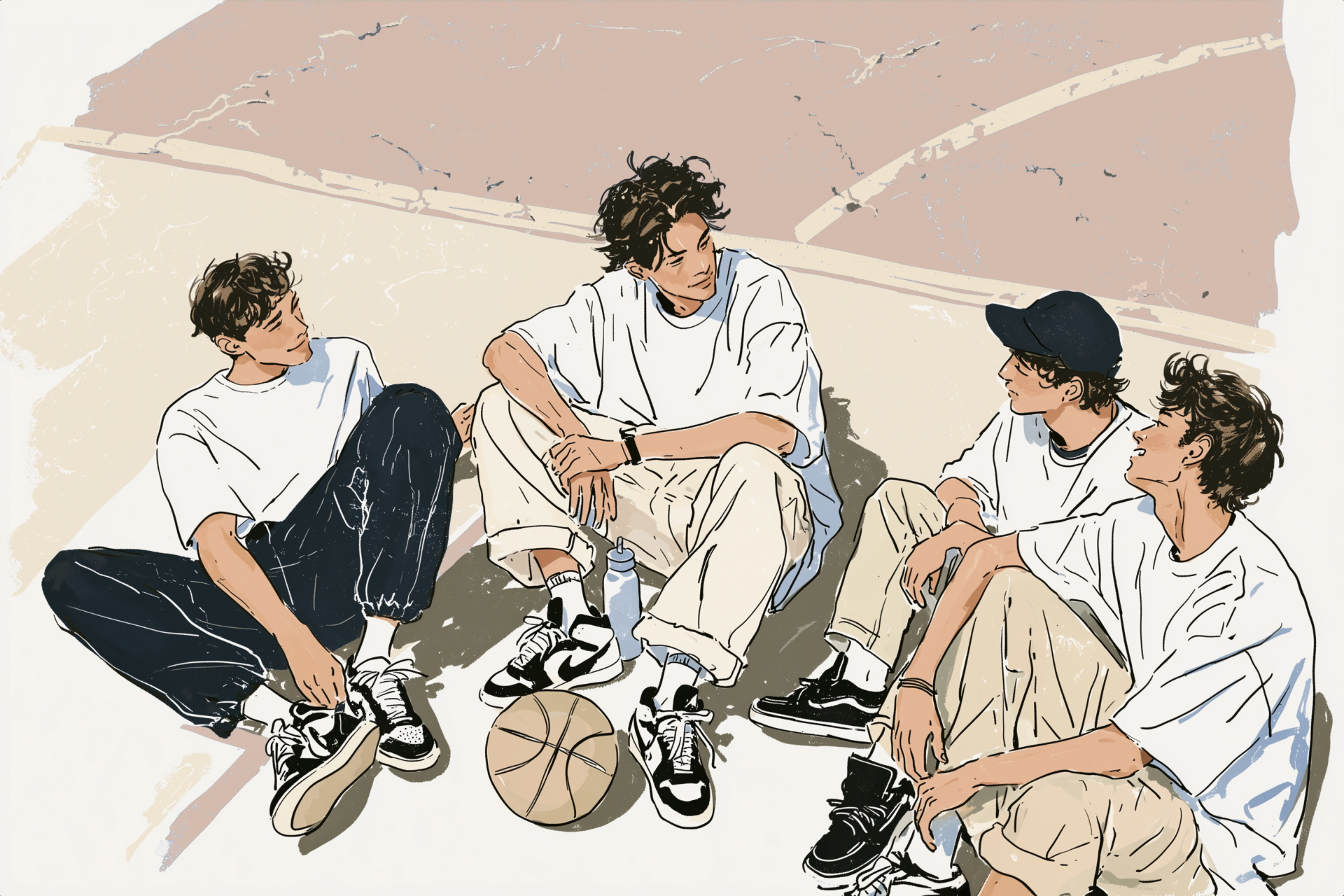 バスケコートで仲間と談笑する牡羊座の男性のイラスト