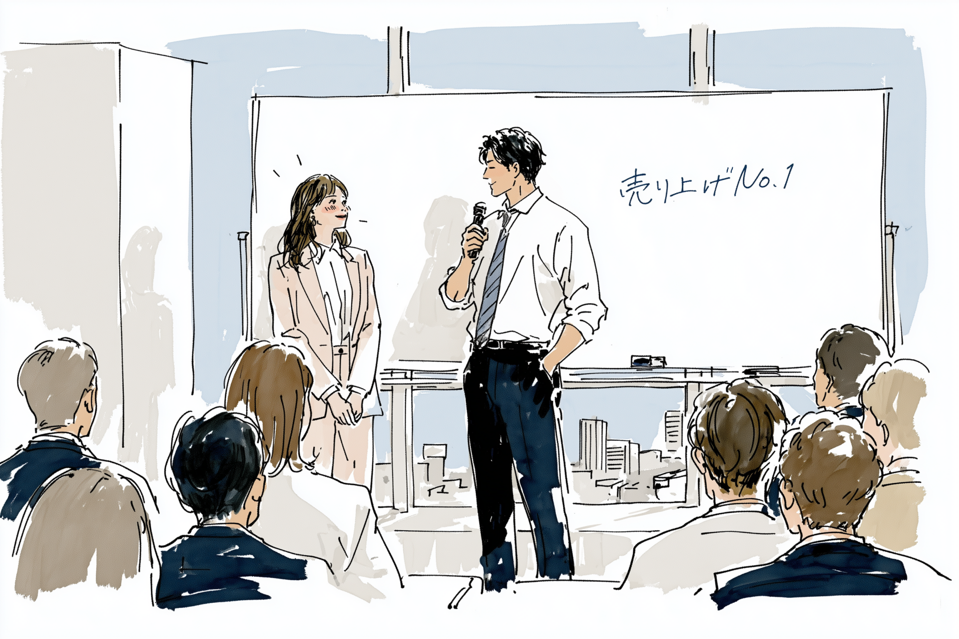 オフィスでマイクを持ち、女性を人前で称賛する男性のイラスト