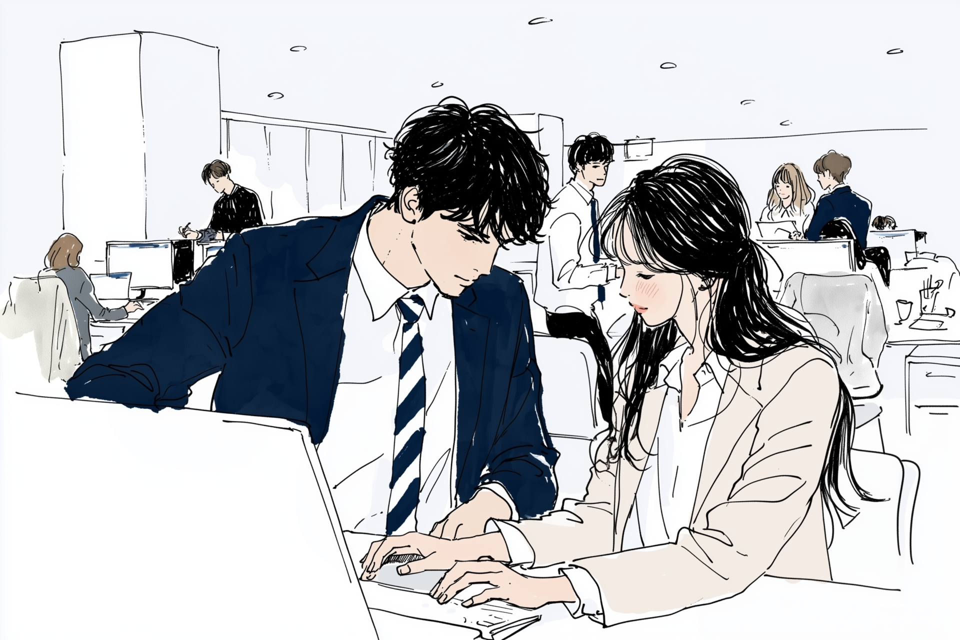 パソコン作業をする女性にそっと寄り添う男性のイラスト