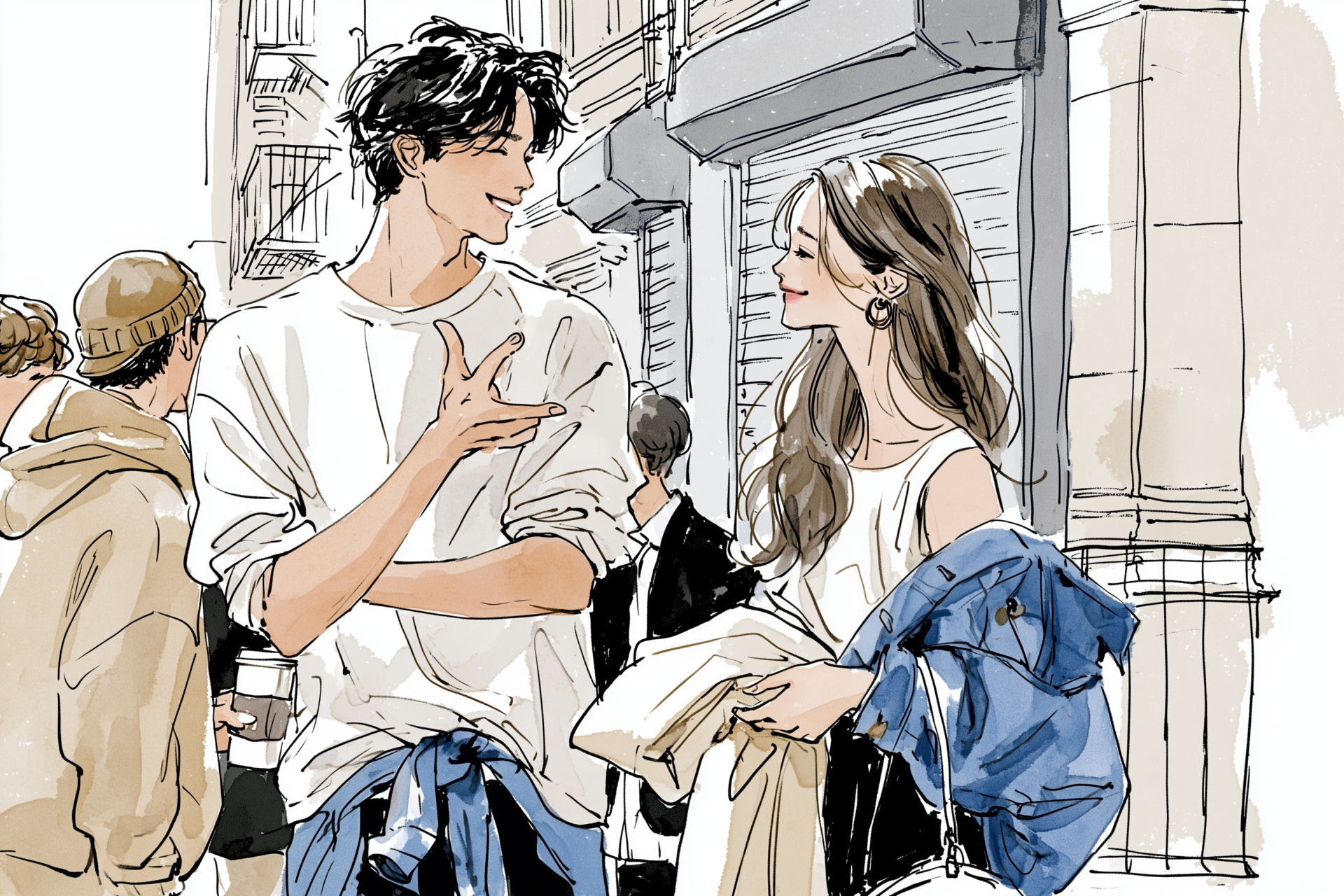 身振り手振りを交えて楽しそうに話す男性と、少し困った笑顔で話を聞く女性のイラスト