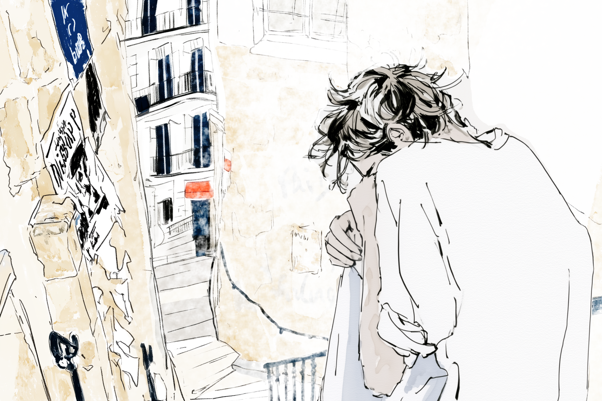 裏路地の階段で膝を抱えて落ち込む男性の後ろ姿のイラスト