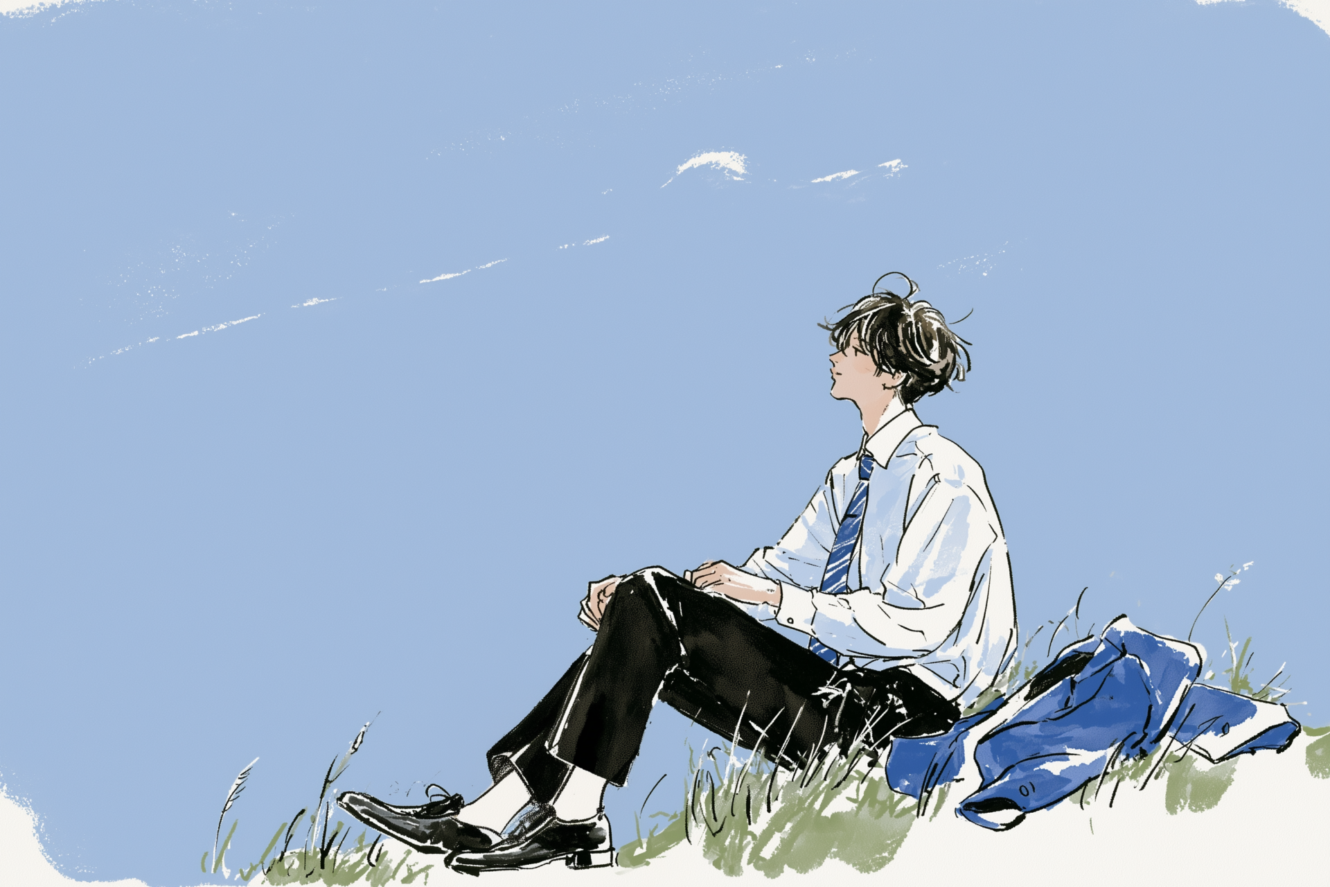 青空の下、芝生に座り遠くを見つめる男性のイラスト