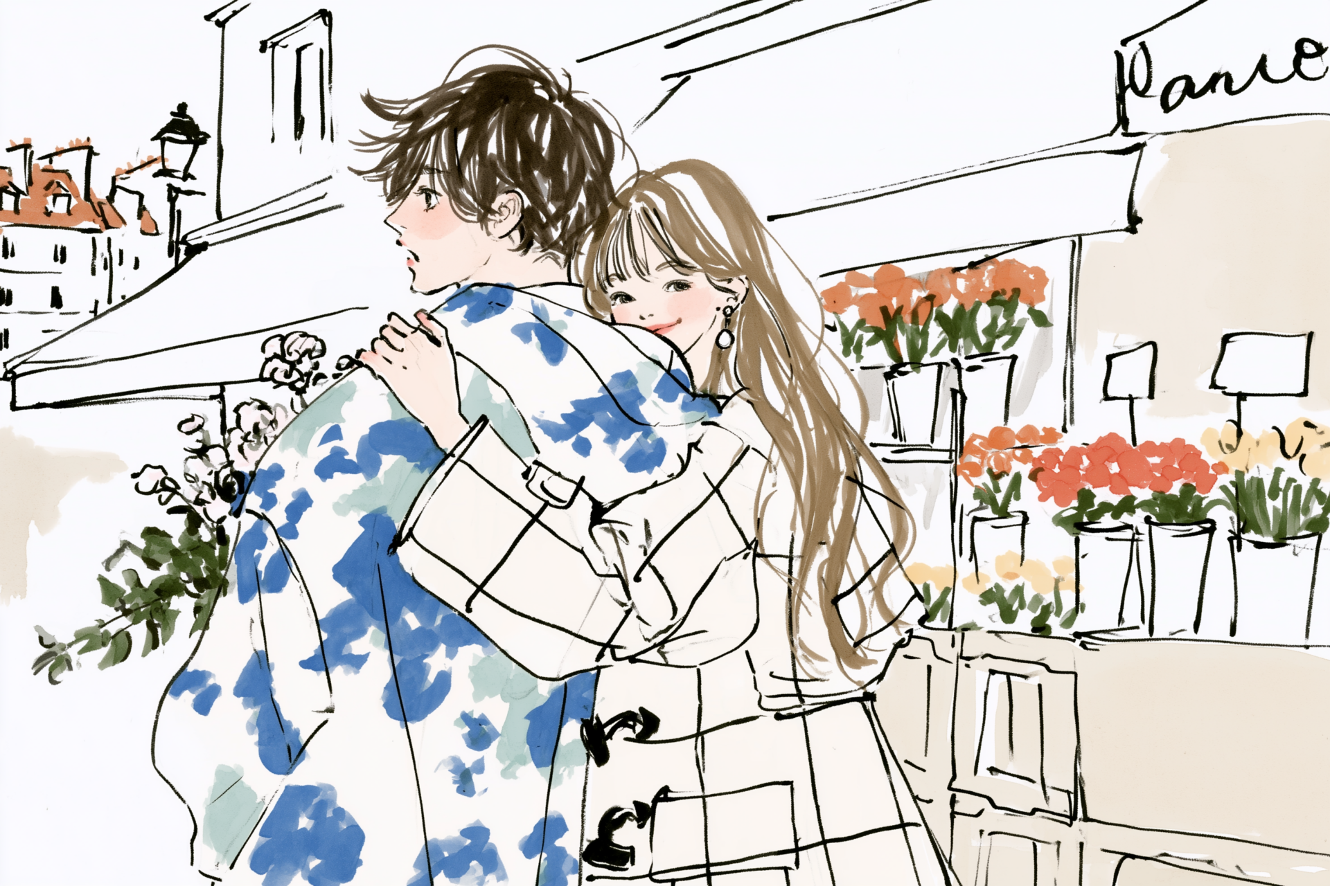 花屋の前で男性を強く抱きしめる女性のイラスト