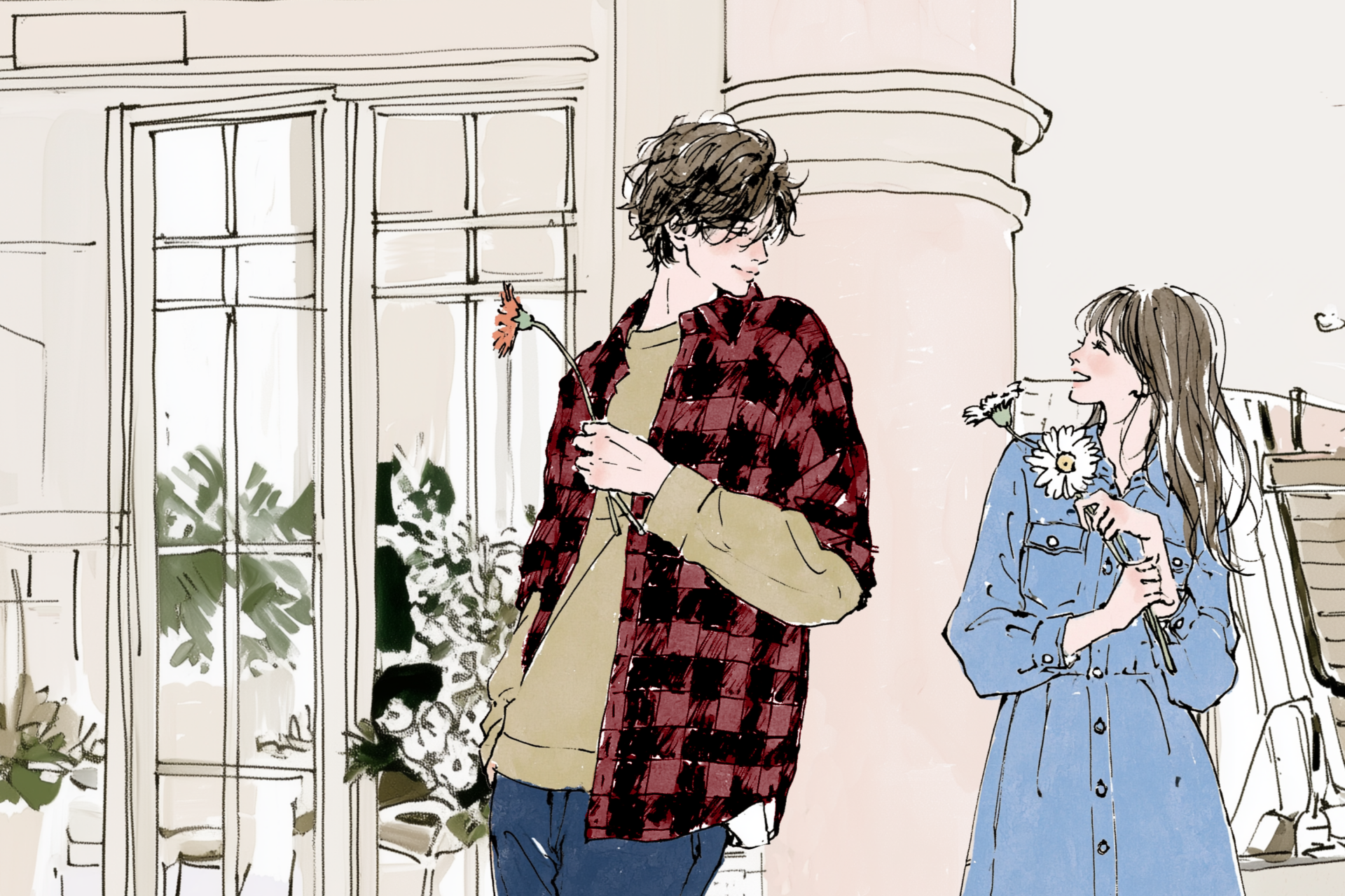 小さな花を差し出す男性と、嬉しそうに微笑む女性のイラスト
