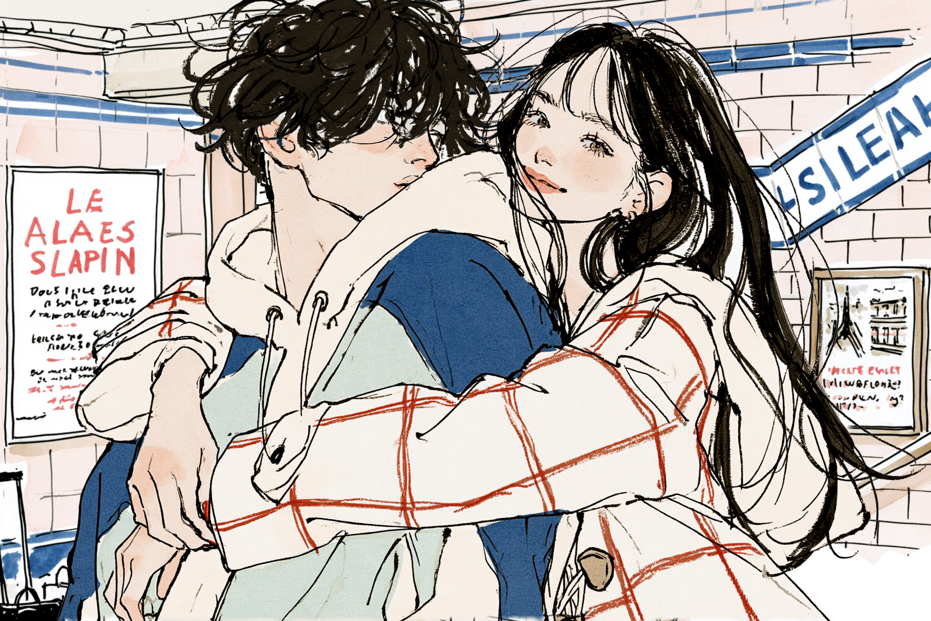 街角のポスターを背景に、女性に優しく抱きしられる男性のイラスト