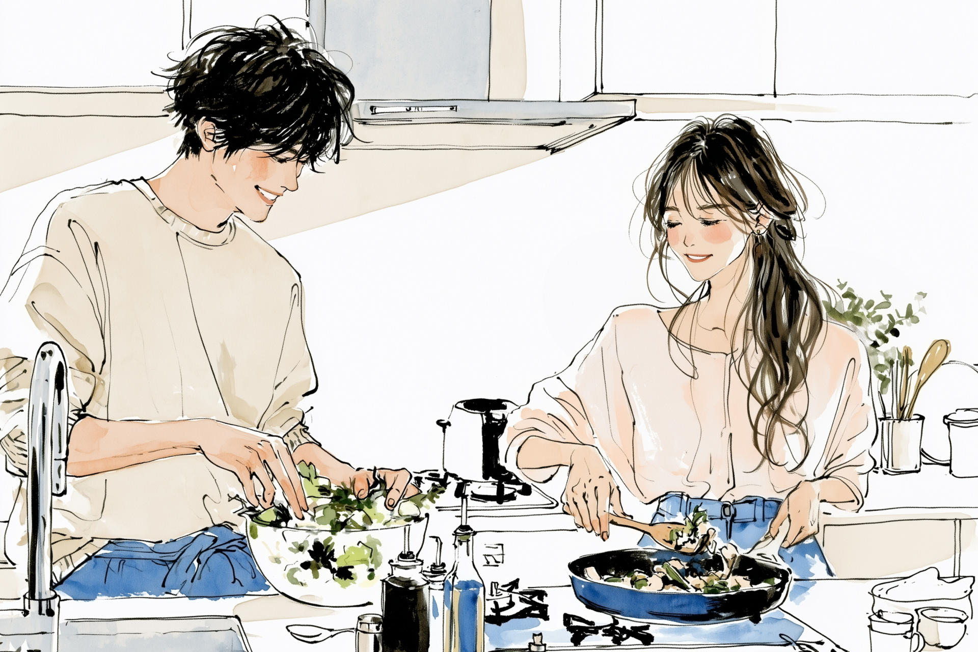 キッチンで一緒に料理をする男性と女性のイラスト