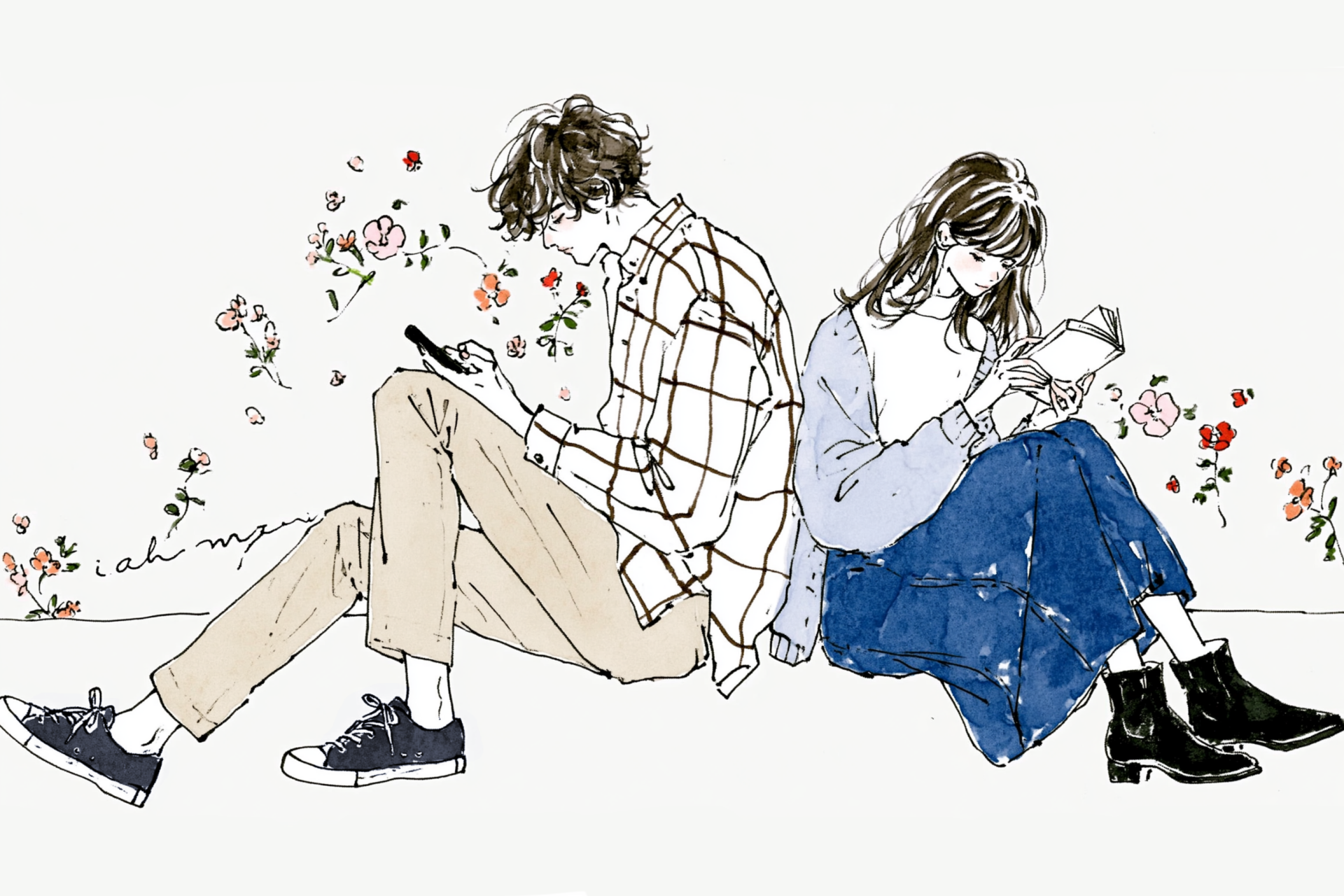 背中合わせに座り、それぞれスマホと本を見る男性と女性のイラスト