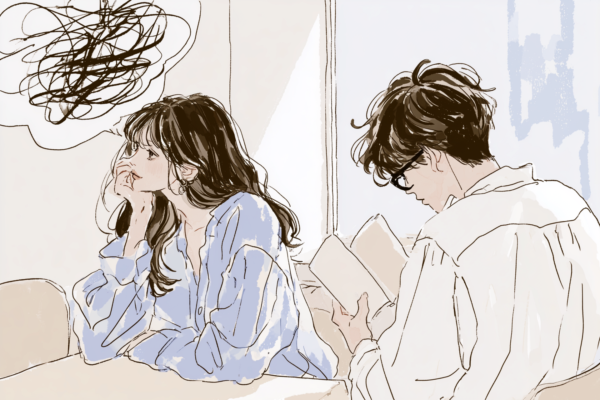 隣同士でも視線が合わず本を読む男女、乙女座男性のプラトニックな愛を好む思考