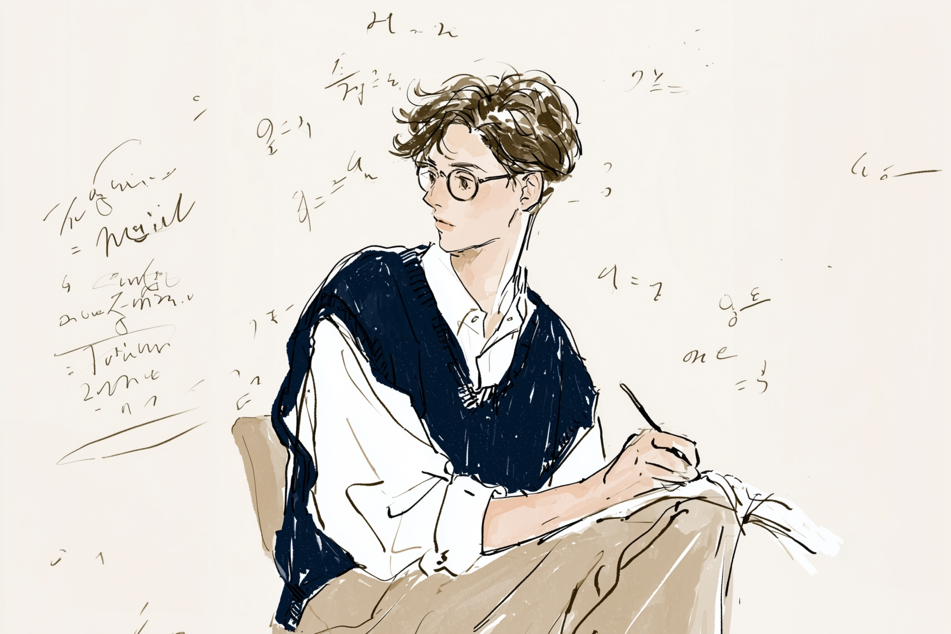 数式に囲まれてメモを取る眼鏡の男性、乙女座男性の分析グセを表すイラスト